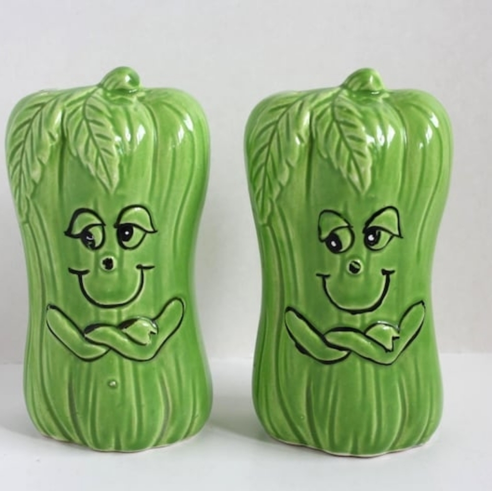 Vintage Anthropomorphic Celery Shakers: Kitschy Japan Salt & Pepper Set Whimsy